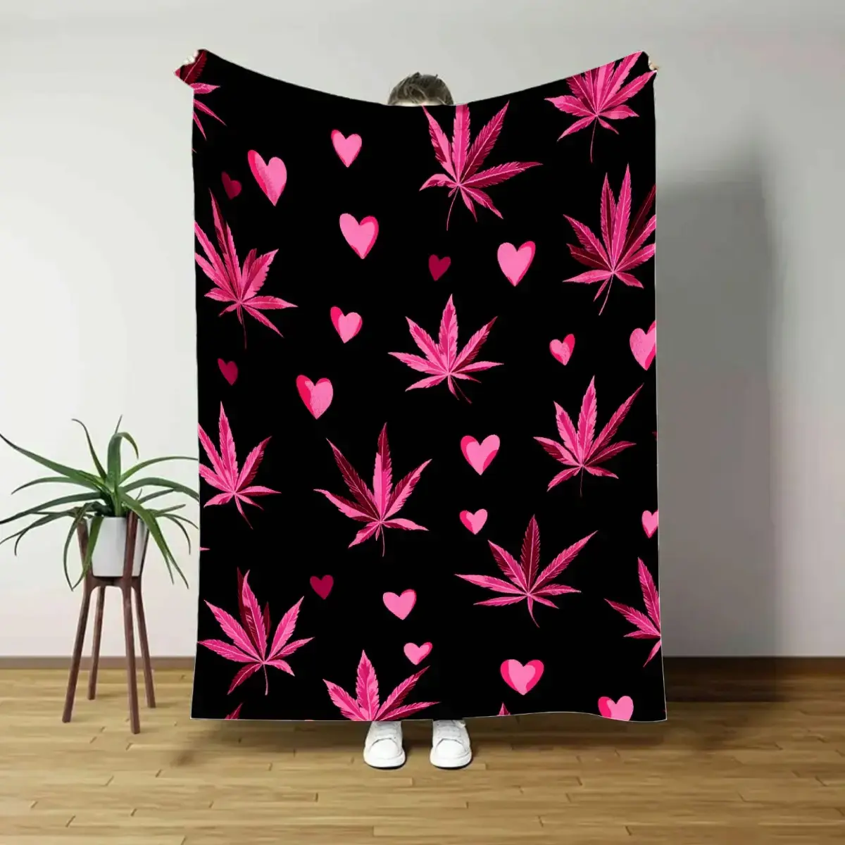 100% Polyester Cozy Flannel Throw Blanket - Soft, Graphic Home & Bedroom Decor Blanket with Black Background, Pink Hemp Leaf, and Heart-Shaped Prints, Cozy Flannel Blanket