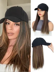 Women's European Style Baseball Cap Wig, Medium Long Straight Hair Bobo Head, Lockbone Length, Daily Wear, Fake Hair, Synthetic Material Wigs, Machine Made Wigs, Fashion Wig