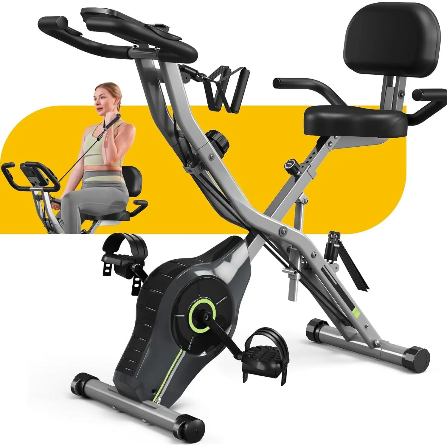Exercise Bike, 5 in 1 Foldable Stationary Bike for Seniors, 16-Level Adjustable Magnetic Resistance, Indoor Workout Bike with 330LB Capacity, Comfortable Seat Backrest X-bike