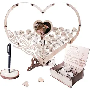 Heart Wedding Guest Book Alternative, Rustic Wooden Heart Drop Box Guestbook with Photo Frame, Wedding Sign Decor Frame for Reception Ceremony Birthday Party