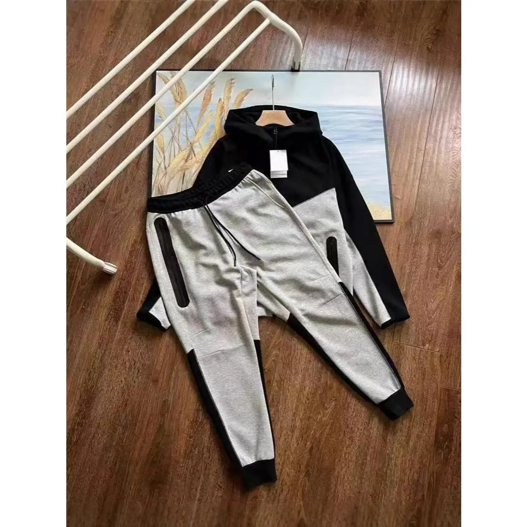 Men's Spliced Hooded Jacket and Sweatpants, Full Length, Sports, Long Sleeve, Black Suit, Casual Wear