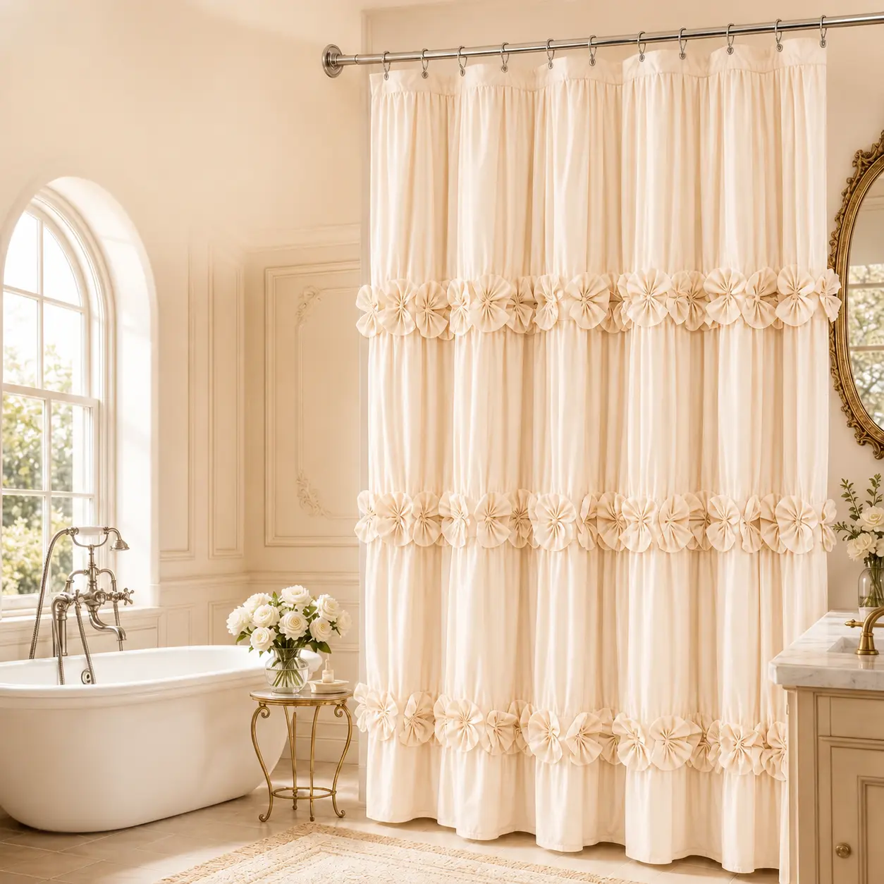 YRZTRK French Cream Ruffled Shower Curtain - Vintage Handcrafted Bow Tie Bathroom Curtains, Aesthetic Decorative Waterproof Quick-Drying Machine-Washable Vintage Home Decor with 12 Hooks