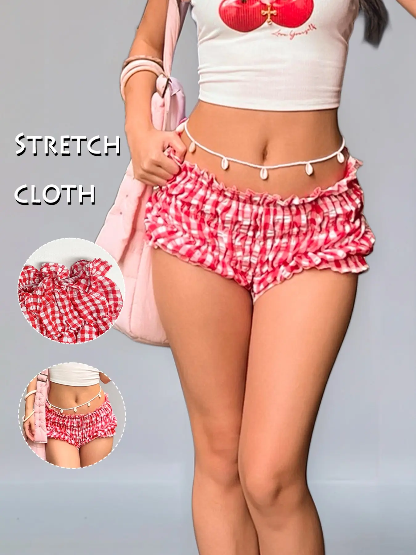 GILIPUR Y2K 2026 Bubble Mesh Lantern Lace Women's Casual Elastic Shorts, Fit, Featuring A Ruffled Design, Style, Perfect For Beach Vacations,Elastic Waistband,Summer Fashion Items