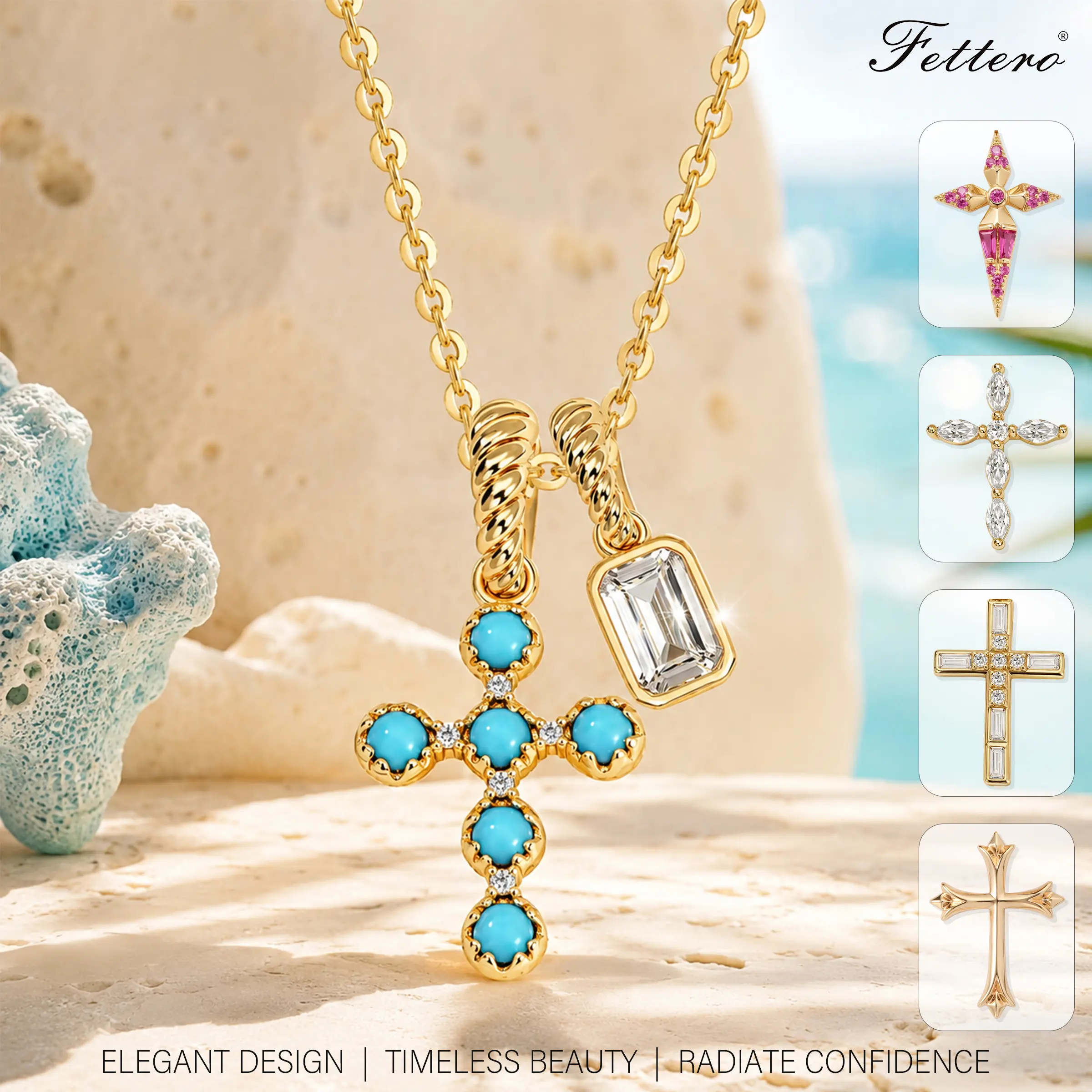 Fettero Women's Elegant Gold-Plated Cross Necklace, Dainty Faith Pendant with Turquoise or Crystal Marquise, Casual Statement Jewelry for Layering, Christmas, Turquoise Jewelry, Chains, Marquise Cut