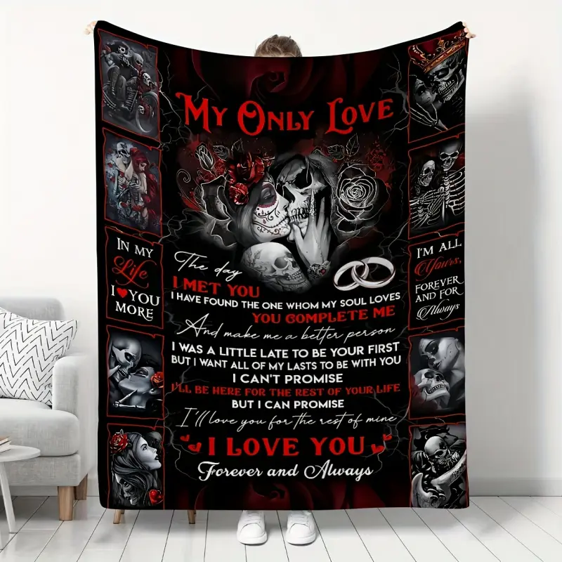Gothic Skeleton Couple Flannel Blanket - Flannel Fabric, "To My Love" Envelope Design, Love Quote Art, Super Soft, All Seasons, Home & Outdoors Use, Gifts for Girlfriend, GF Gift for Valentine's Day
