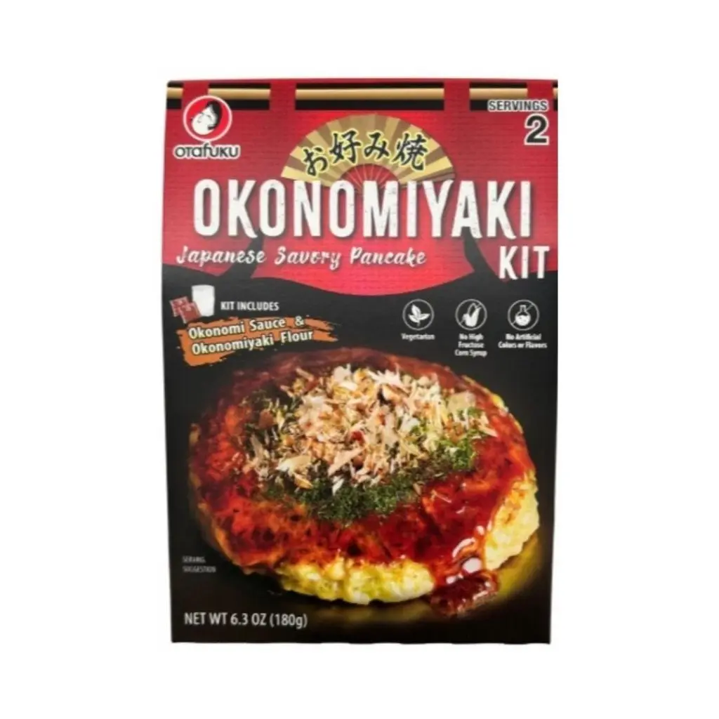Otafuku Vegetarian Okonomiyaki Flour Kit - Japanese Savory Pancake Baking Mix, Includes Okonomiyaki Sauce and Toppings, 180g, Includes Sauce And Toppings