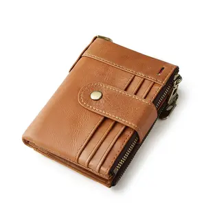 1pc Men RFID Genuine Leather Wallet, new arrival triple fold design, double zipper structure, anti magnetic and anti scanning function, practical integrated coin pouch, elegant classic styling, functional daily accessory for men business travel