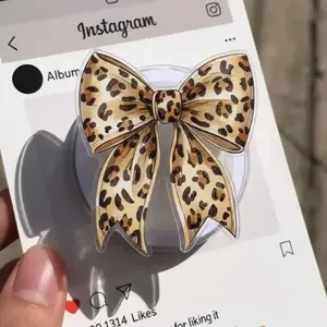 Leopard Print Bow Phone Grip, Coquette Aesthetic Phone Holder, Cute Girlie Phone Accessory