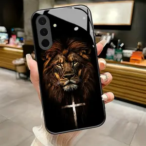 Lion of Faith pattern Black Frame Glass Protective Phone Case suitable for Samsung Galaxy A36 A12 A13 A14 A15 A16 A23 A24 A25 A26 A32 A33 A34 A35 4G 5G new model Individual Design,Unique Phone Case，ideal holiday gift Accessories