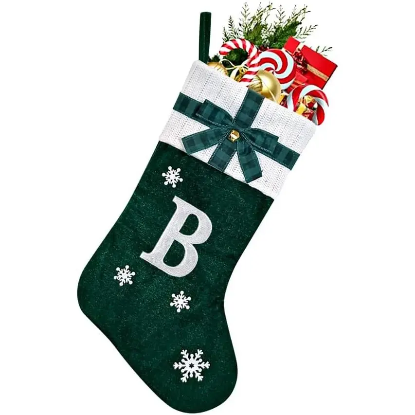 Personalized Monogram Glitter Letters Red Velvet Christmas Stockings - 15.6 in Large Size, Fluffy Fabric, Durable, with Bell, Sports & Outdoor Accessories, Holiday Tree Decoration, Family Gift, Customizable, Split-Resistant, Room, Christmas Tree, Wrinkle