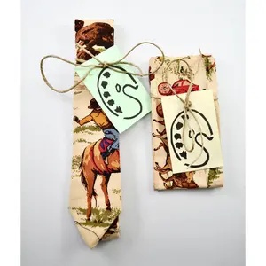 WESTERN COWBOY PRINT SKINNY NECKTIE AND POCKET SQUARE HANDKERCHIEF  SET