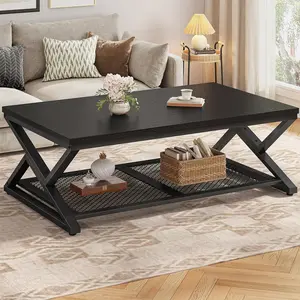 RaybeeFurniture Coffee Table with Storage, Modern Coffee Tables for Living Room with Mesh Shelf, 2 Tier Rectangular Center Table for Living Room, Bedroom, 47.2 Inch
