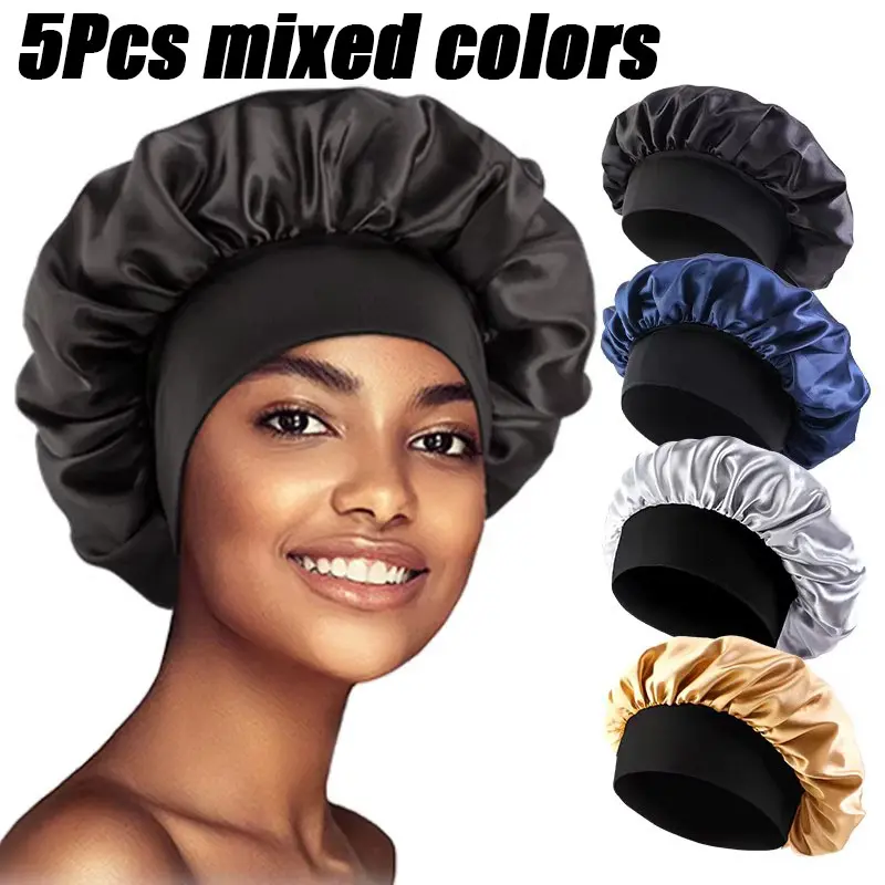 Women's 1-Size Silky Satin Solid Wide-Brimmed Chic Silk-Lined Shower Cap Set - Elastic Band Fabric/Material Haircare Accessory, Heatless Curler-Compatible Night Head Wrap, Bathroom Home Supply, One Size