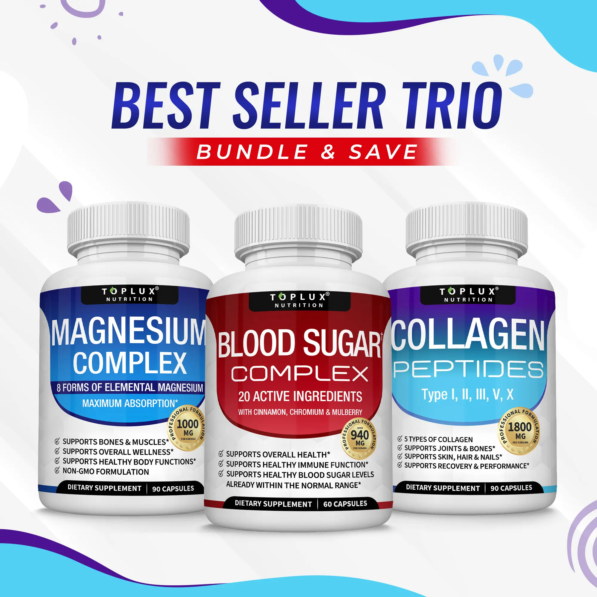 Magnesium Complex, Blood Sugar Complex, Collagen Peptides - Best Seller Bundle for overall health Magnesium Complex, Blood Sugar Complex, Collagen Peptides - Best Seller Bundle for overall health