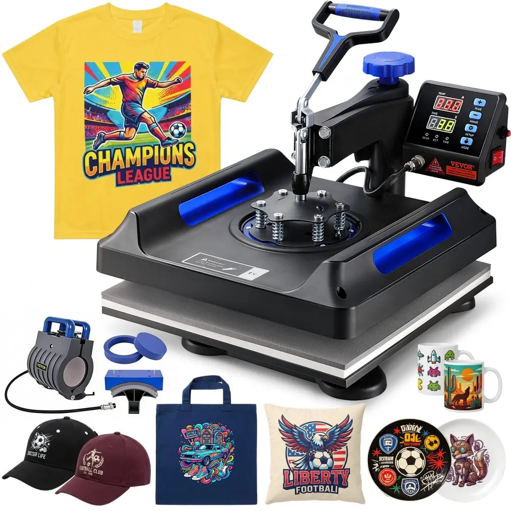 【Fallpicks】VEVOR Multifunction Digital Display Heat Press DIY Kit, 15x15 in Large Surface, 360° Rotatable Swing Away, Dual-Tube 5℃ Even Heating, Silicone Buttons Comfy, Blue Home Iron Appliance for T-Shirts, Caps, Mugs