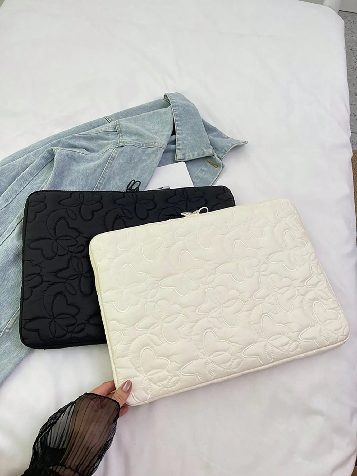 Butterfly Stitched Notebook Bag, Fits 10/11/15.6 Inch Tablets, Plush Touch Embroidered Zipper Pouch, Korean Cute Shockproof Computer Case, Laptop Sleeve, Computer Bags