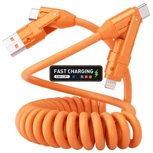 Four-In-One Spring Extension Data Cable, Multifunctional Charging Cable, Super Fast Charging, USB Power Mode, Type-C Input, Lightning Output, Car Charger, iPhone Samsung Xiaomi, Fast Charging Supported