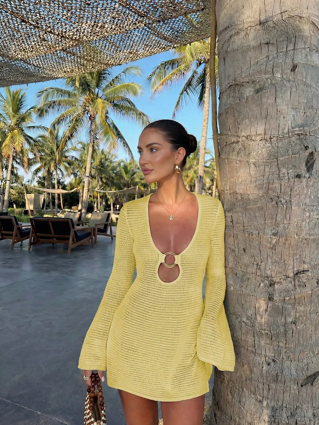 VYNCE Women's Hollow Out Beach Vacation Dress With Ring Long Sleeve Knit Cover Up Slim Fit Sexy Summer Dress Sheer Swimsuit Coverup Going Out Outfit