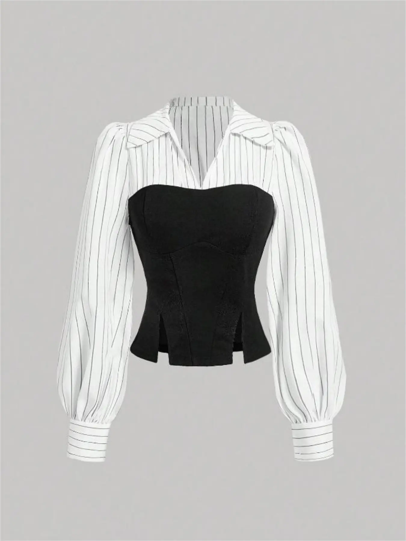 A ladies' womenswear striped patchwork black woven Fabric puff-sleeved long sleeve halter-neck blouse shirt, Casual and elegant for daily wear and versatile for any occasion, Bubble Sleeves Top
