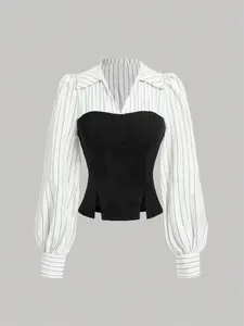 A ladies' striped patchwork black woven Fabric puff-sleeved halter-neck blouse shirt, Casual and elegant for daily wear and versatile for any occasion.