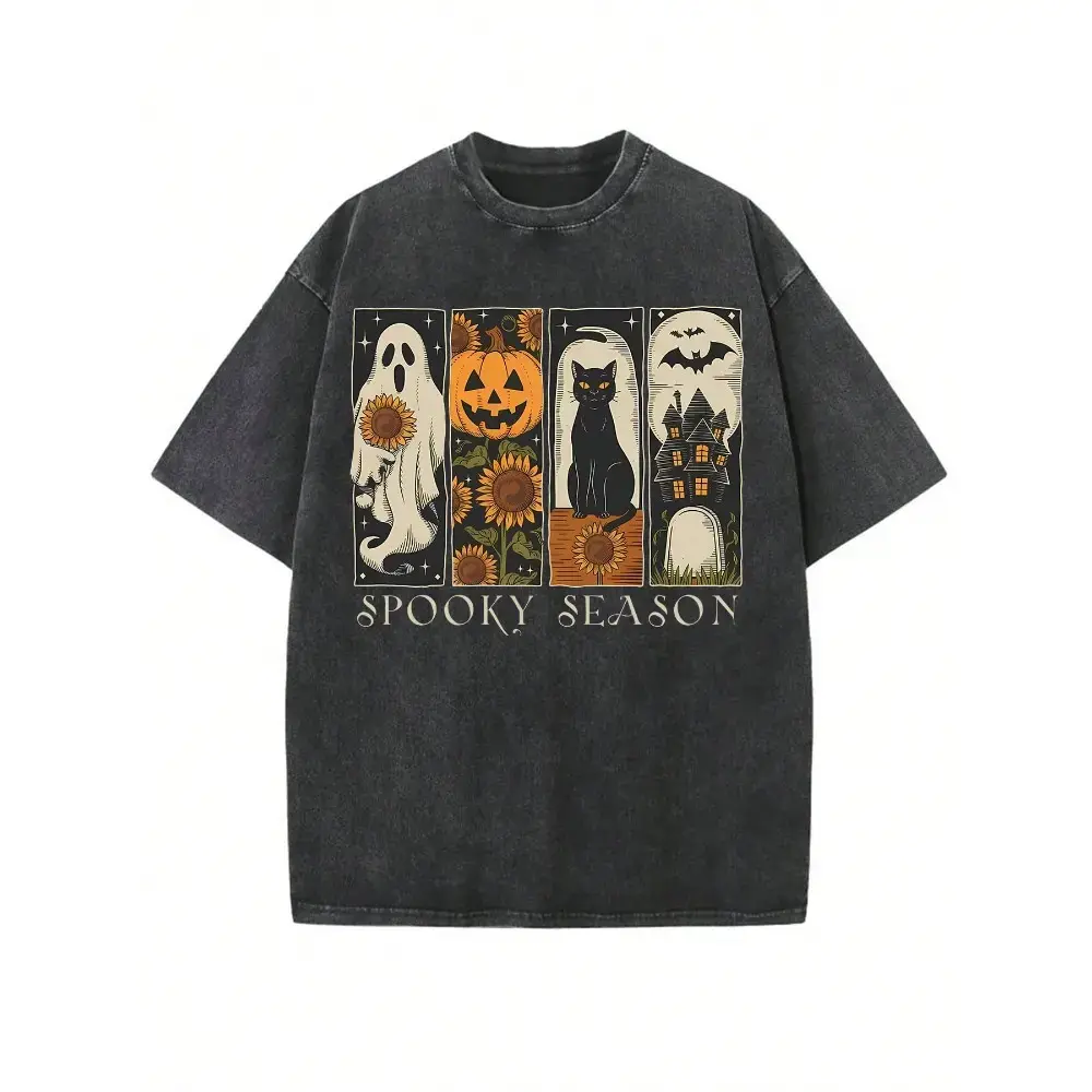 Vintage Spooky Season Four Panel Ghost Pumpkin Black Cat Haunted House Sunflower Halloween T-Shirt, Washed Black Oversized Cotton Crewneck Tee, Retro Fall Gothic Floral Spooky Holiday Streetwear Gift Top