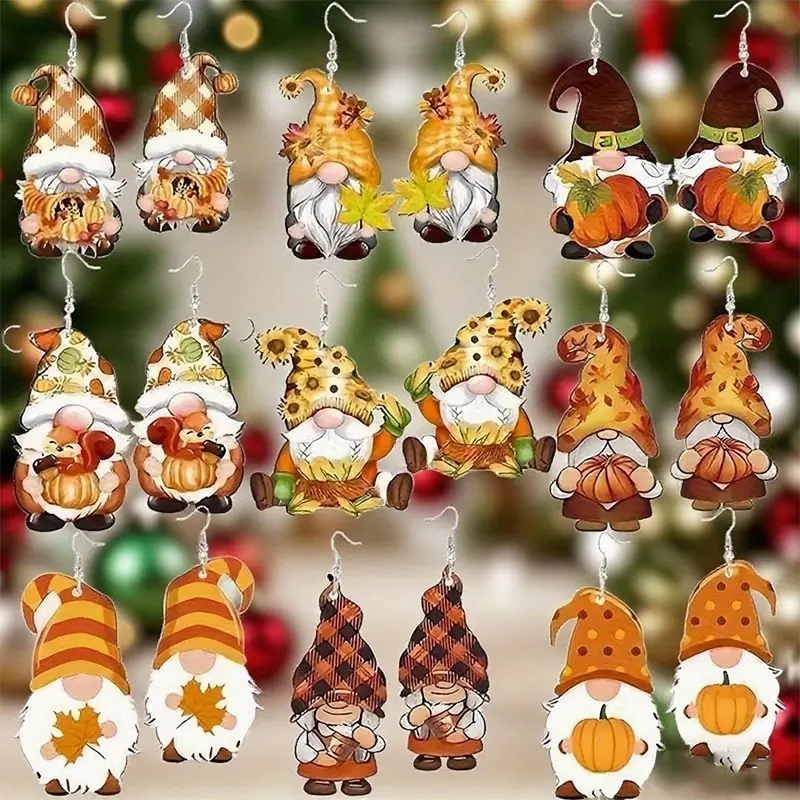 2D Flat, 9 Pairs/Set Pumpkin Maple Leaf Gnome Dangle Earrings Set, Interesting Acrylic Earrings, 2D Plane Orange Autumn Harvest Drop Earrings, Suitable for Daily, Thanksgiving Day And Christmas Festive Party Accessories, Holiday Gift