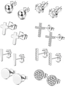 8 Pairs Stainless Steel Stud Earrings Set for Women Men Simple Geometric Small Stud Earring Ball CZ Bar Cross Disc Stud Earrings Mini Cartilage Tragus Earrings Studded Cross Earrings