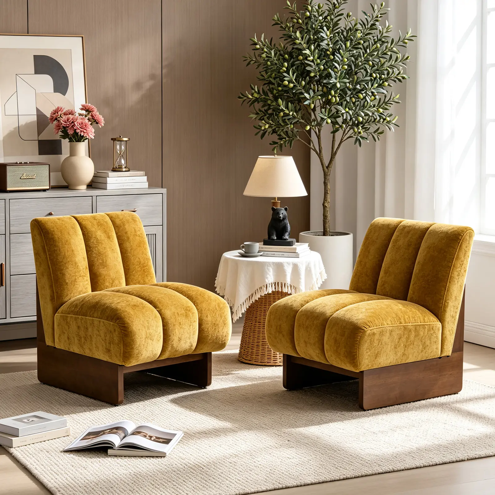 Modern Chenille Armless Accent Chair, Comfy Segmented Padding Single Sofa, Mid-Century Upholstered Side Lounge Chair with Walnut Solid Wood Sled Base for Apartment, Corner,