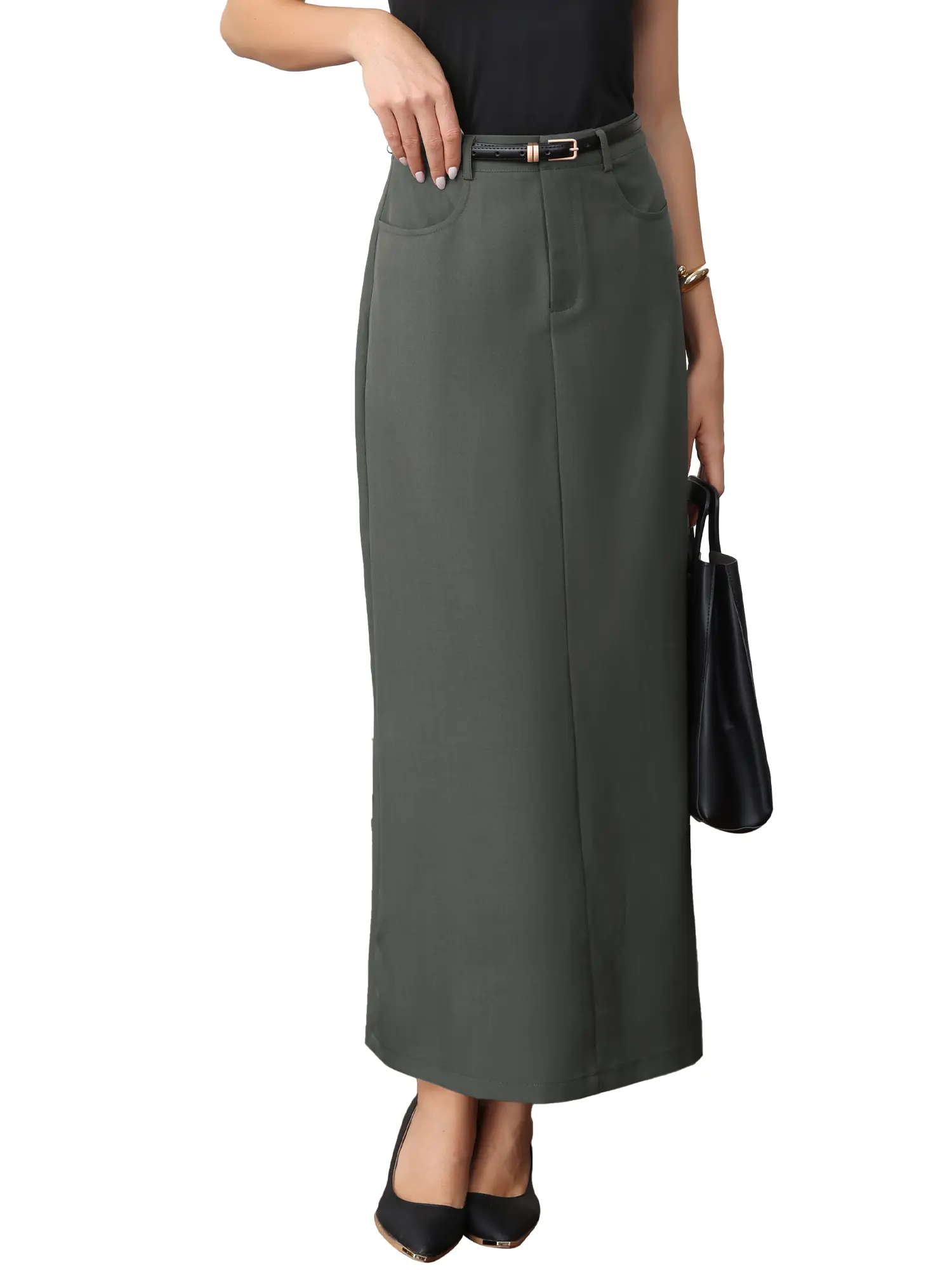 INSPIRE CHIC Pencil Long Skirt Women's High Waist Pockets Work Office Midi Bodycon Skirts