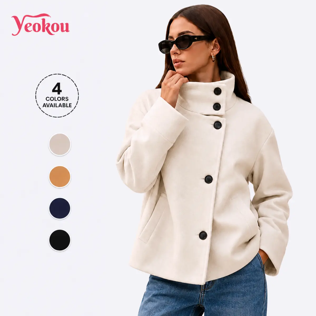 Yeokou Women's Cute Minimalist Basic Crop Pea Coat - Wool Blend, Loose Casual Autumn Winter Short Outerwear Jacket, Chic, Causal, Long Sleeve, Tops