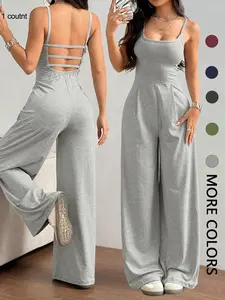 Women's Solid Backless Plicated Cami Jumpsuit, Casual Sleeveless Square Neck Wide Leg Jumpsuit for Summer, Women's Jumpsuit for Daily Wear