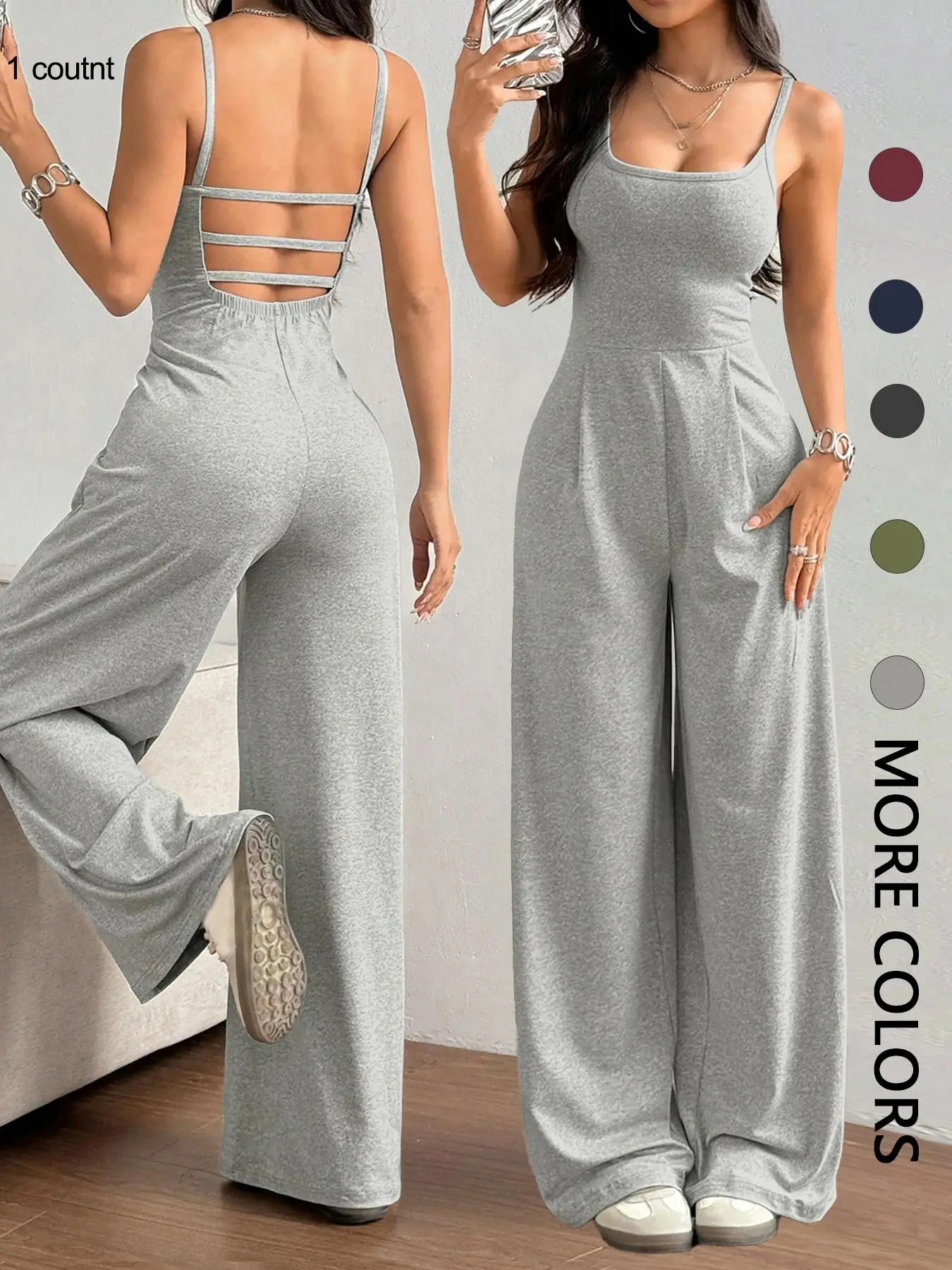 Women's Solid Backless Plicated Cami Jumpsuit, Casual Sleeveless Square Neck Wide Leg Jumpsuit for Summer, Women's Jumpsuit for Daily Wear