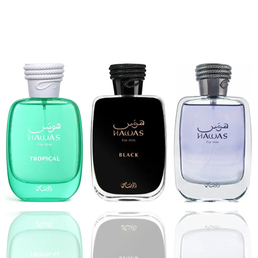 Rasasi Men's Fragrance Discovery Set - 3-Piece 200ml Micro-Bottles Bundle with Tropical, Black, Original Variants, Luxurious EDP Perfume Spray, Bottle-Shaped Bold Cologne for Day & Night Use