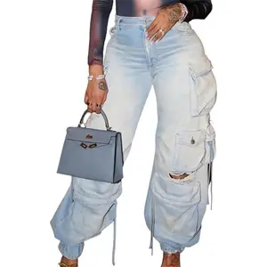 Women Cargo Jeans for Women Y2K High Waisted Baggy Jeans Straight Wide Leg Cargo Pants Streetwear High Waist Ripped Distressed Denim Multi-Pockets