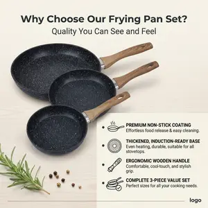 Non-stick frying pan set, 3 sizes of flat-bottomed pans, Size: 7.4 inches / 9.7 inches / 11.3 inches.heat-resistant wooden handles, durable, suitable for everyday meals and all stoves