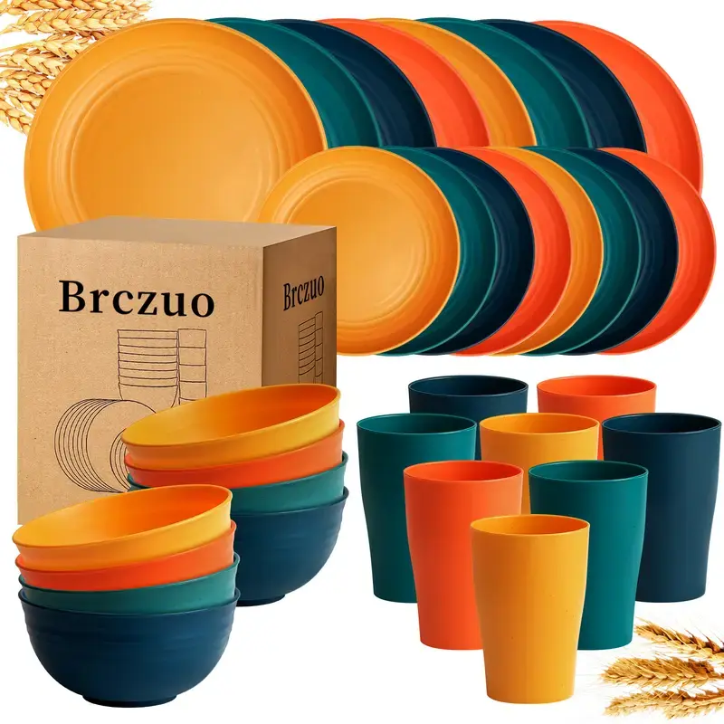 Eco Wheat Straw Dining Plate Set - 32/16-Piece Unbreakable Plastic Tableware Set (Serves 8/4) with Plates, Bowls, Cups for Family Dinners to Camping Meals, From Family Dinners To Camping Meals