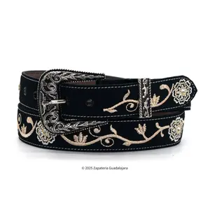WOMEN'S EMBROIDERED 1.5" LEATHER BELT BLACK -W202