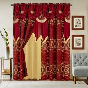 Cortinas Red & Gold Damask Patterned Window Curtains with Swag and Valance for Living Room Decor