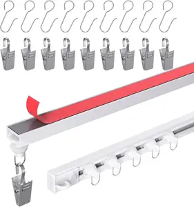 Self Adhesive Ceiling Curtain Track, 9.8 FT Flexible Cuttable No Drill Curtain Rail, Stick On Ceiling Mount Curtain Rod for Room Divider, Window, Closet, RV, Includes Hooks and Clips
