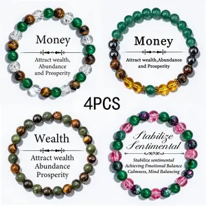 GEMRICH 4-piece set of elastic beaded bracelets for men and women; symbolizes enhanced personal strength, promotes health, attracts wealth and blessings; lucky bracelet—attracts wealth, prosperity, elegance, and brilliance.