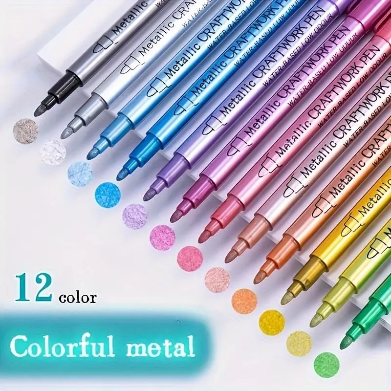 Colored Metallic Marker Pen (12pcs/set), Quick Drying Marker Pen, Art Marker Pen, Metallic Sparkle Pen for Crafts, Signatures, Art Projects, Art Markers Set, Art Pens