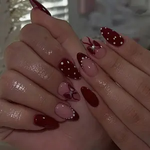 24pcs Short Almond Fake Nails Red French Press on Nails White Polka Dot False Nails Res Bow Design Art Nails Easy Wear French Tip Nails for Women and Girls