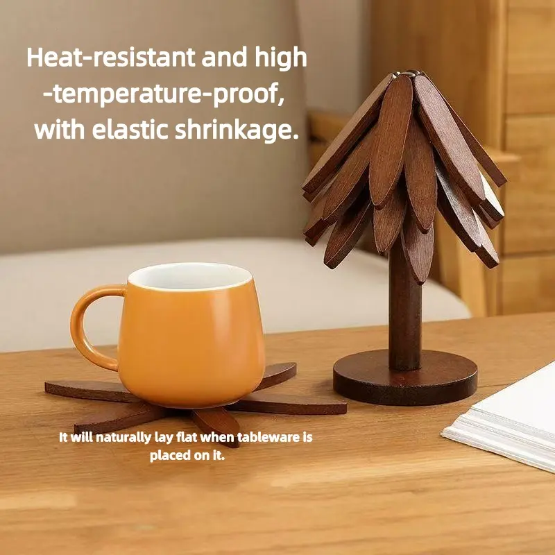 Walnut Natural Tree Trivet Set - 4 Wooden Trivets & 1 Stand, Heat-Resistant Foldable Design, Durable High-Density Solid Wood, Up to 450°F, Ideal for Hot Dishes Pots Bowls Teapots, Kitchenware Tableware Coasters, Hand-Polished