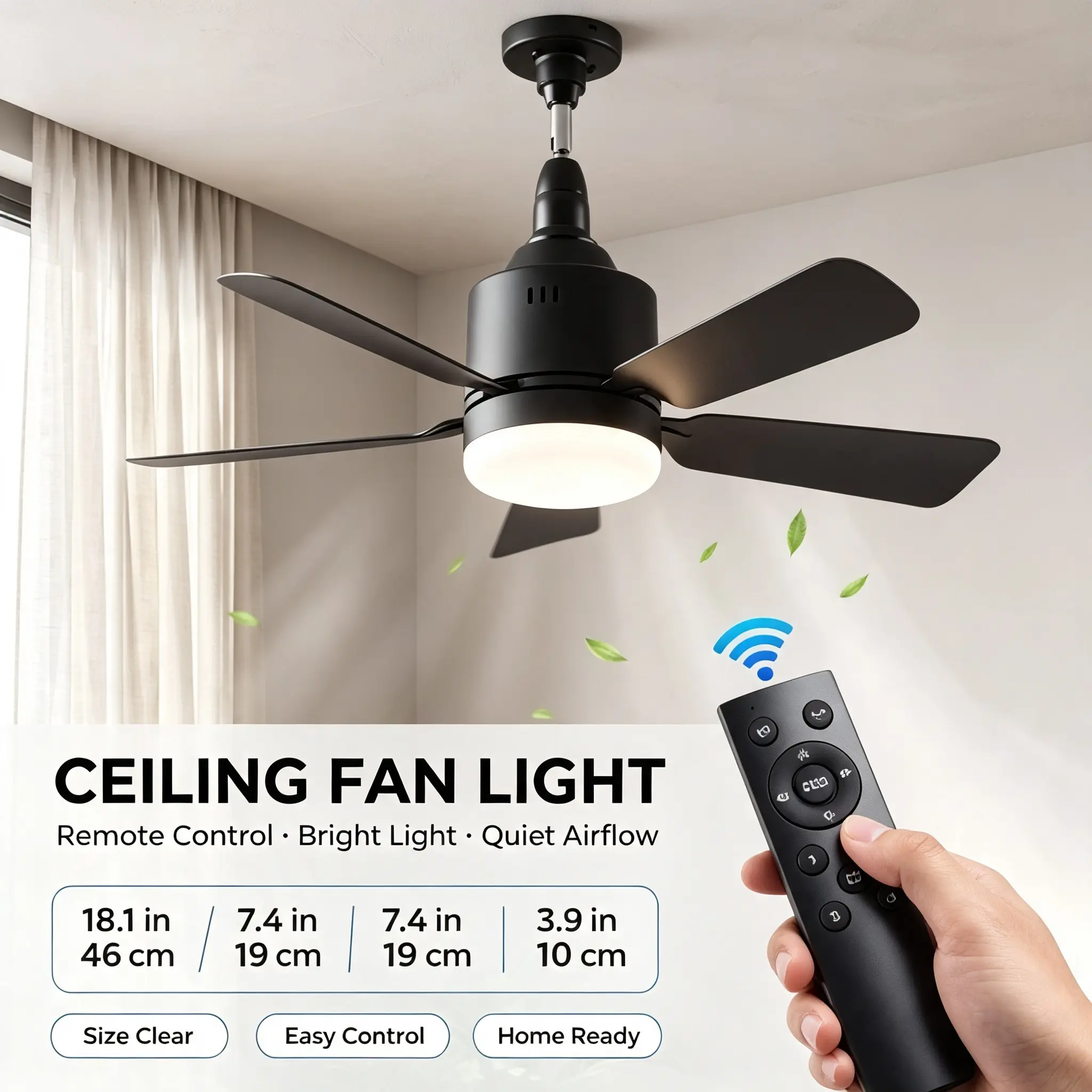 Ceiling Fan with Light — 18.1-Inch Ultra-Slim LED Ceiling Fan with Remote Control, Quiet Operation, Suitable for Bedroom/Living Room — Ideal Choice for Your Home