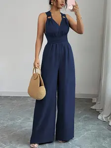 Women's V-Neck Backless Sleeveless Wide-Leg Jumpsuit, Halter Cutout Jumpsuit, Casual Style Jumpsuit, Minimalist Fashionable Chic Sexy Cross-Waist Fitted Design, New Arrival for 2026, Perfect for Casual Wear