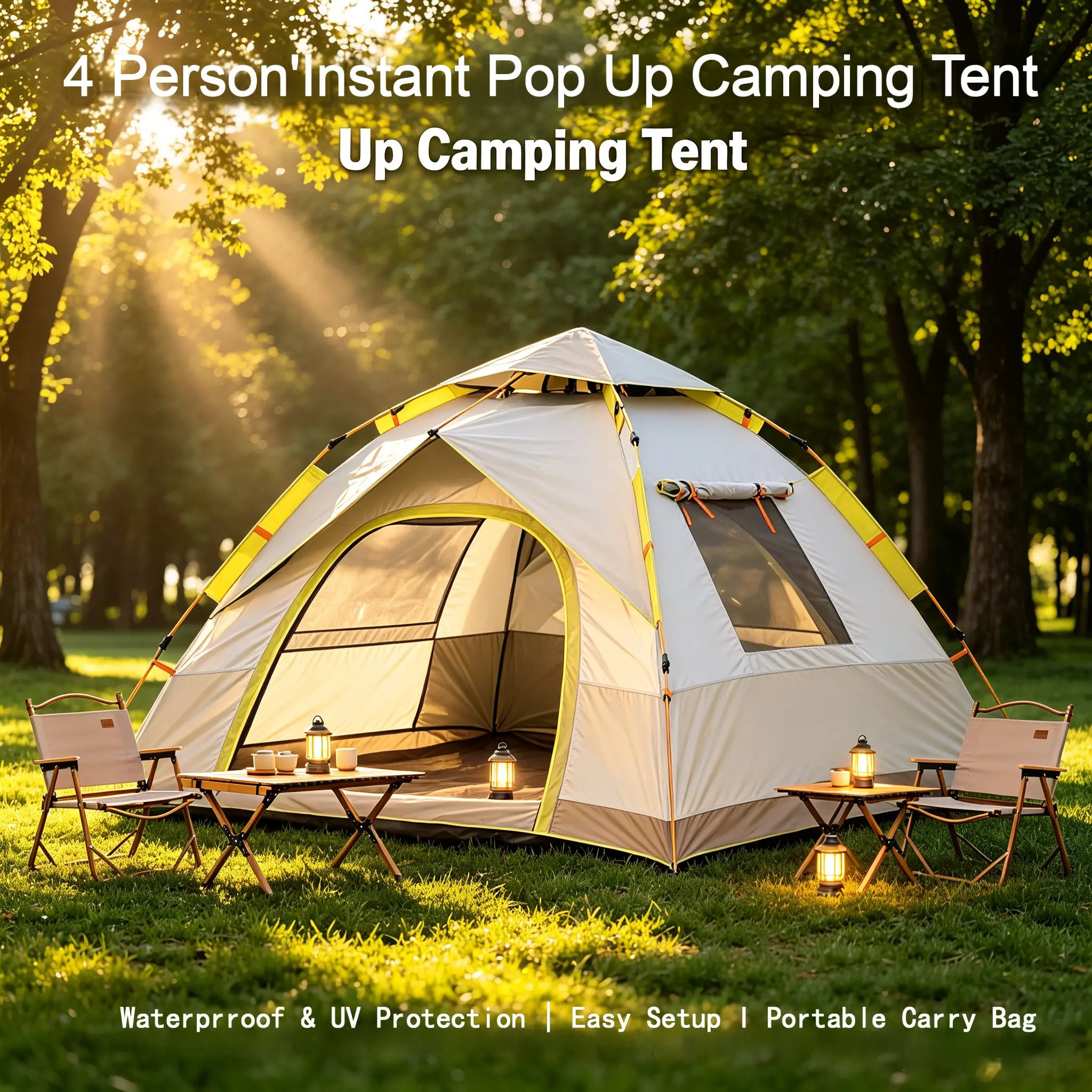 3-4 Person Instant Pop-Up Camping beach luxury Tent, Automatic Quick Setup, Waterproof, UV-Resistant, Windproof with Mesh Doors, Ground Stakes & Carry Bag for Family Hiking, Park Picnic essentials large interior shelter sohochic