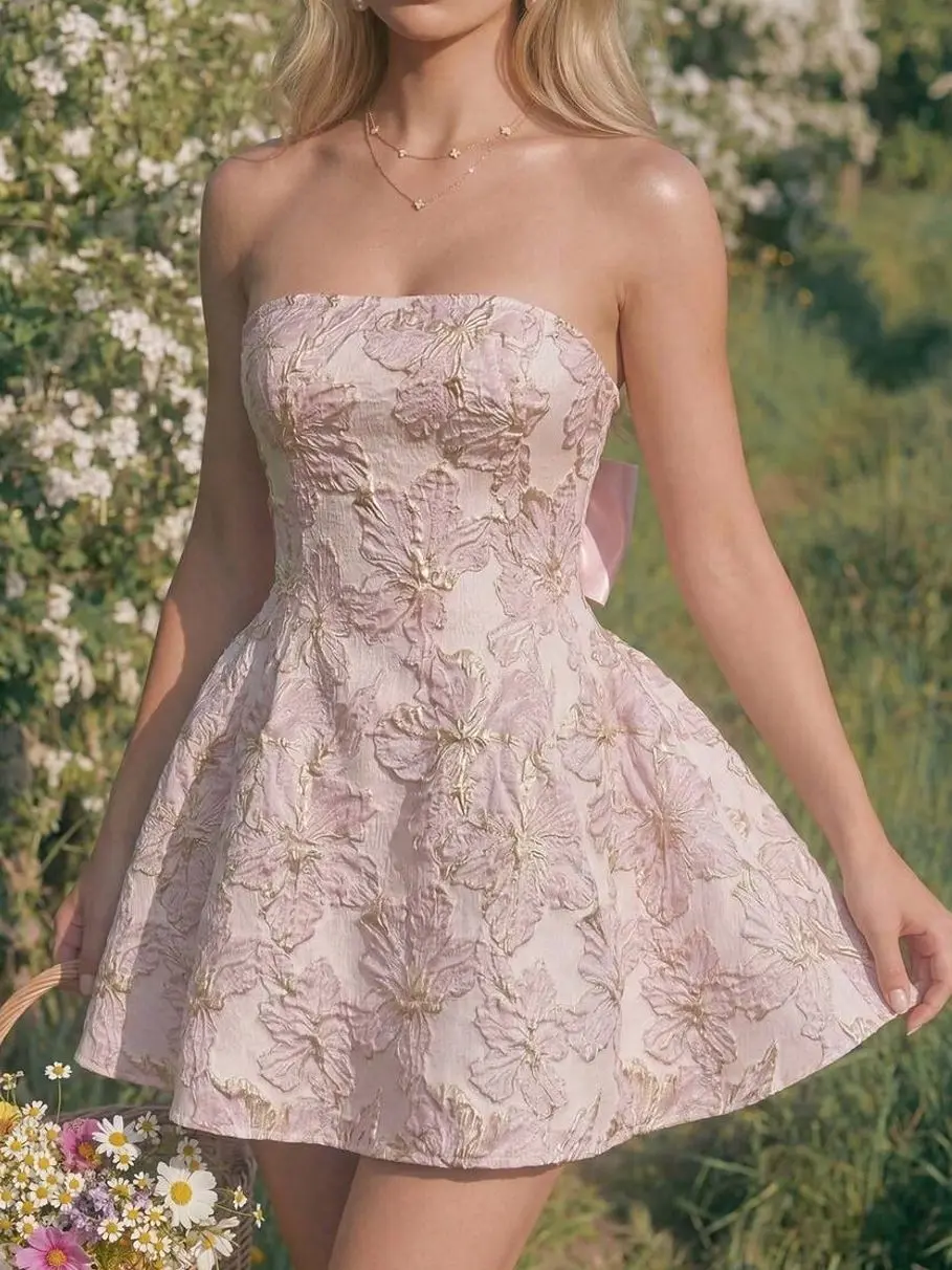 Women's Checkered Jacquard Bustier A-Line Dress, Cottagecore Vintage Asymmetrical Hem Dress with Bow Detail for Summer Picnic, Holiday, Vacation, Garden Party and Feminine Fashion Wear