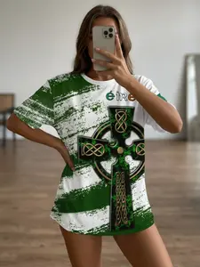 Women's Loose Fit Ireland Celtic Cross Soccer Jersey, Soccer Tee, Sports Top, Retro & Print, Breathable Athletic Streetwear, Sporty Style