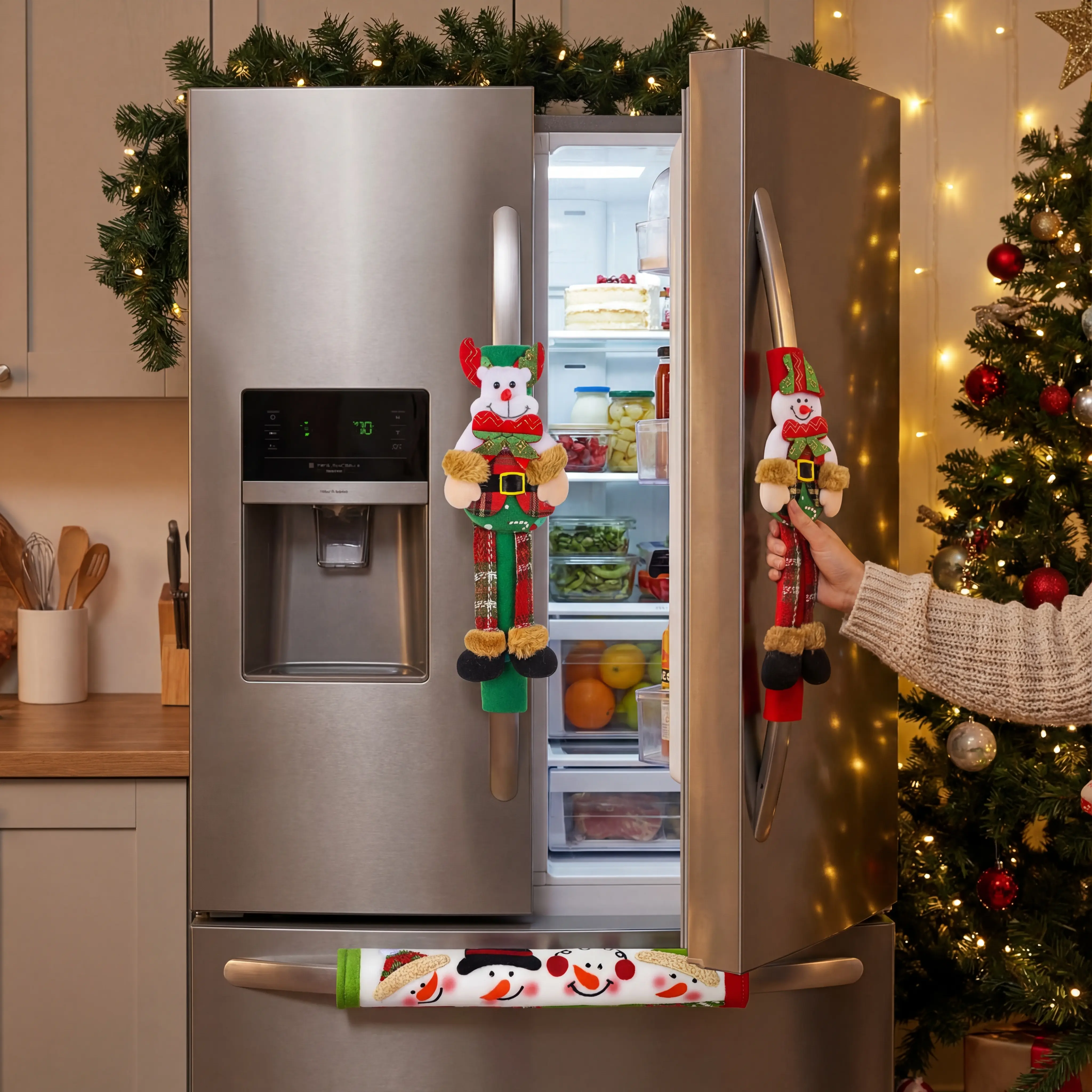 OUGAR8 Polyester Snowman Refrigerator Handle Covers Set (3 Pieces) - Snowman Figure Christmas Decor, Protective Covers for Kitchen Appliances (Fridge, Oven, Dishwasher)