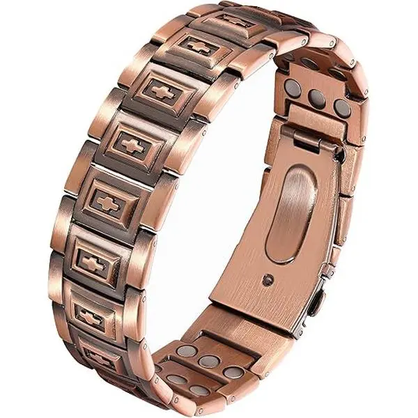 GMOX Copper Tone Geometric Bracelet for Men Women, Adjustable Link Bracelet with Square Pattern, Vintage Style Wrist Jewelry, Everyday Fashion Gift